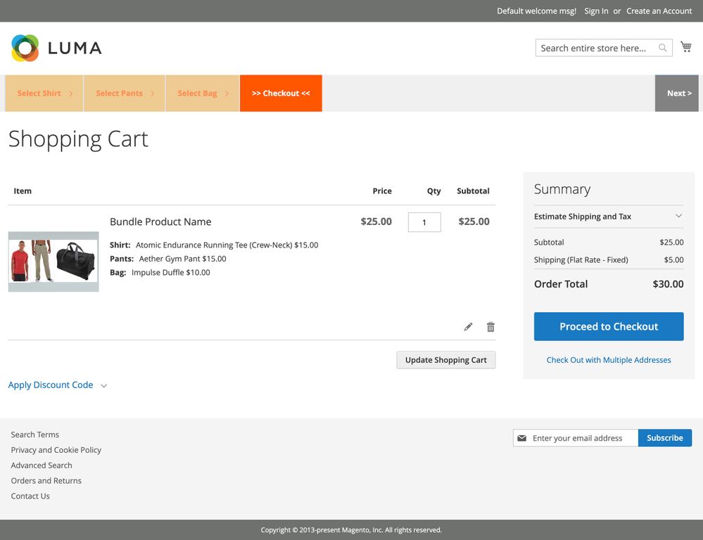 product checkout.jpg Fig 3. Products selected are bundled under one item with dynamic pricing in the shopping cart.