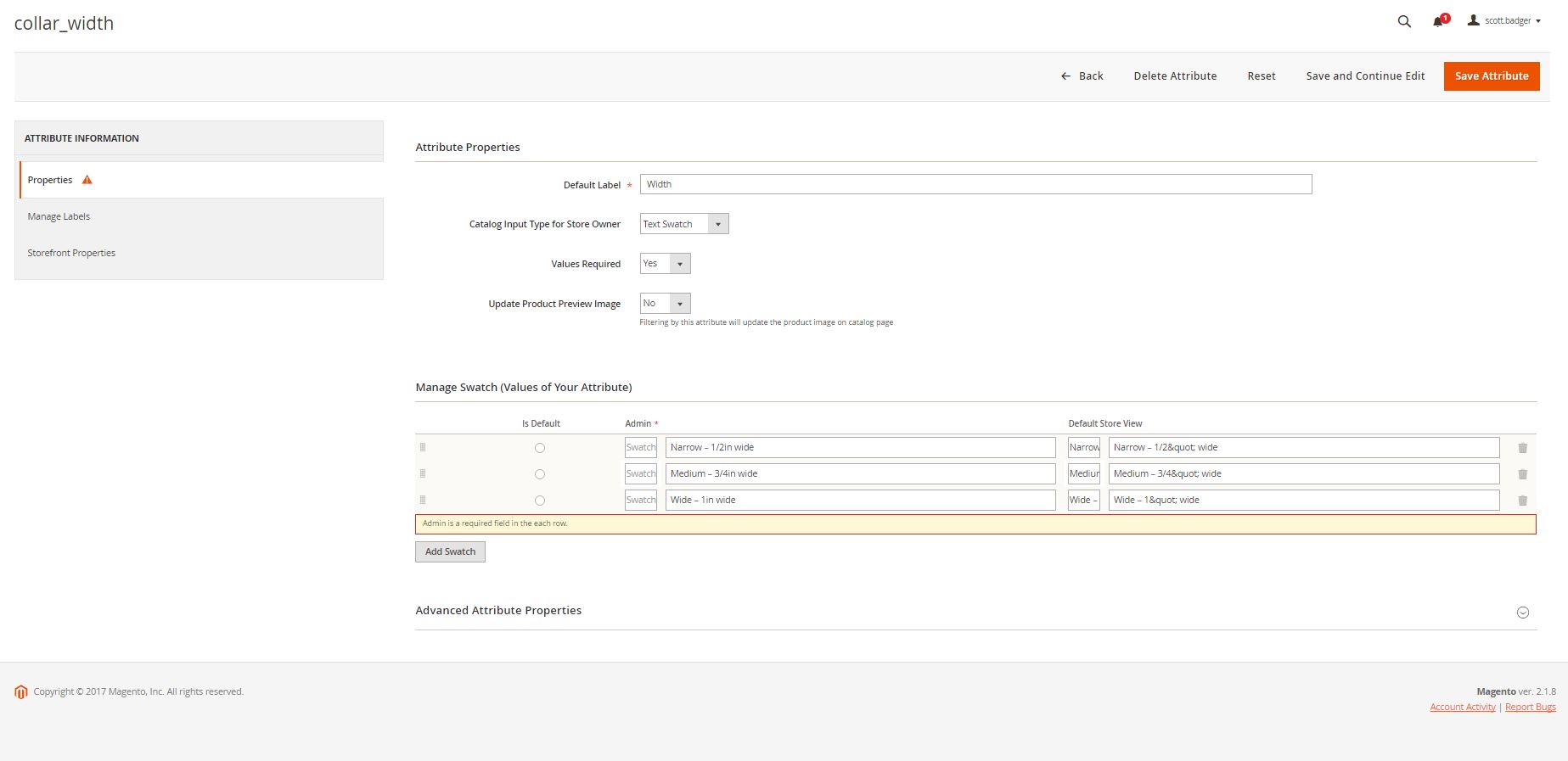 Can t edit text swatches in product attribute Magento Forums