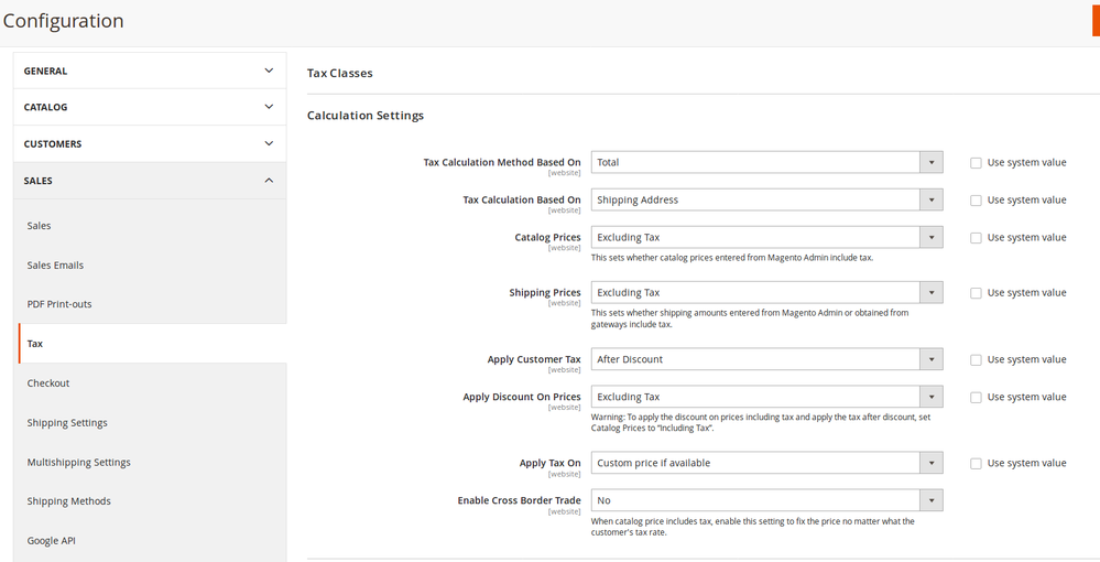 Tax calculation configuration