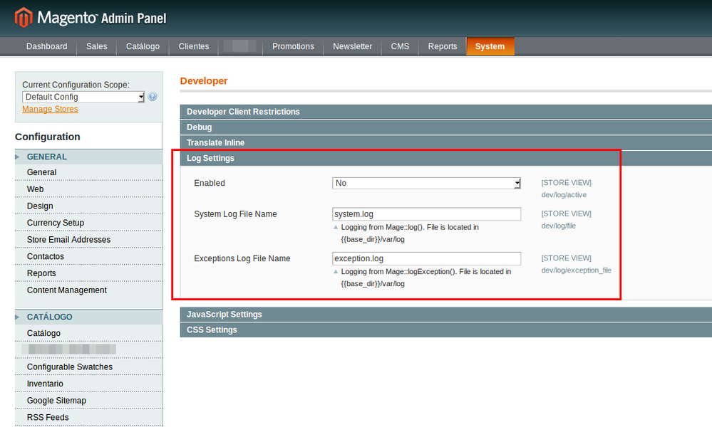 Enable Magento's logs