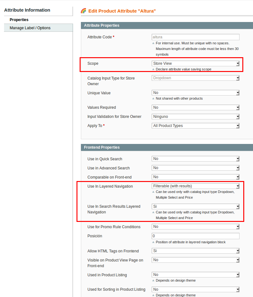 Attribute options