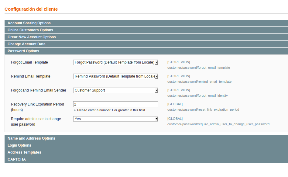 Customer Password configuration