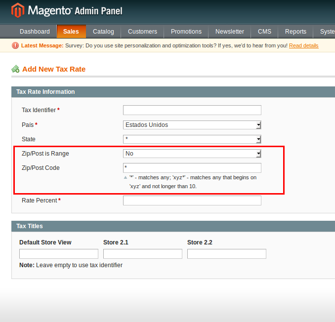 Tax configuration using Zip Codes