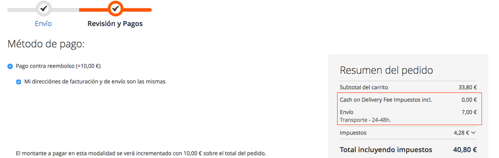 Selecciono Pago contra reembolso, no sale el precio de 10€ que cuesta esta forma de pago. MAAAAL, muy MAAAAL!!!!