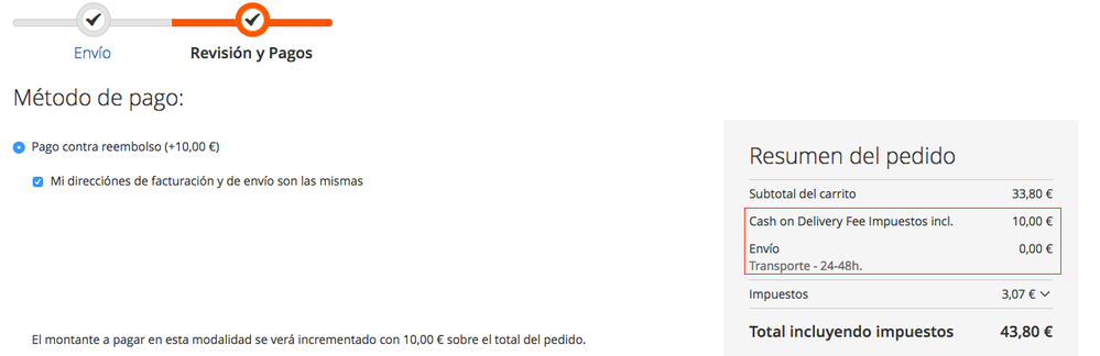 Ahí no acaba todo, vuelvo a pulsar en Pago contra reembolso y si que añade los 10€ pero el precio del envio lo pasa a cero. MAAAAL, muy MAAAAL!!!!