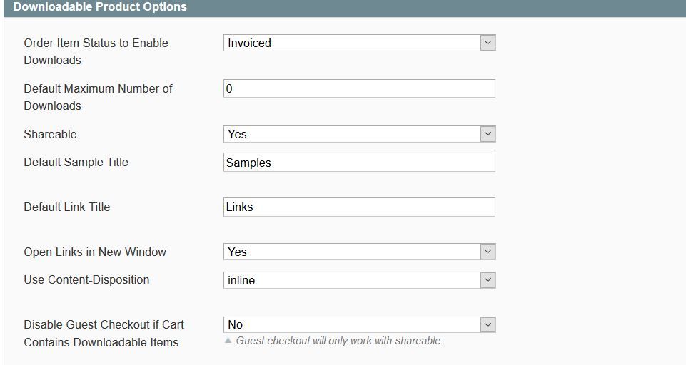 Configuration settings for downloadable products