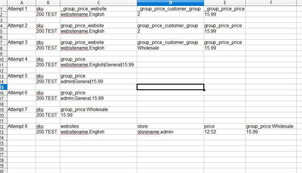GroupPricingSpreadsheetIssues.JPG CSV header and sample product data